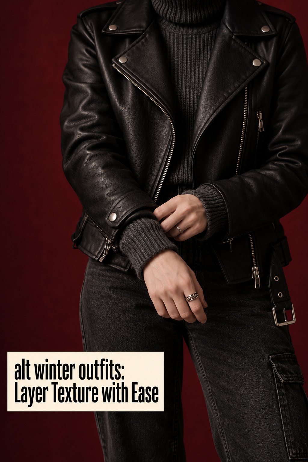 alt winter outfits close-up of a moto jacket layered over a ribbed knit with silver zips