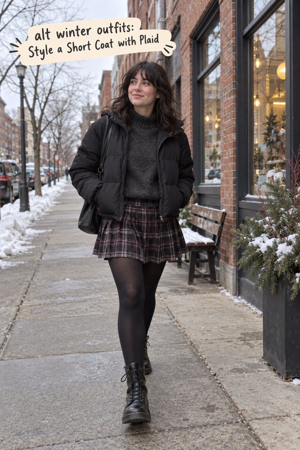 alt winter outfits candid look with a cropped black coat, plaid skirt, tights, and boots