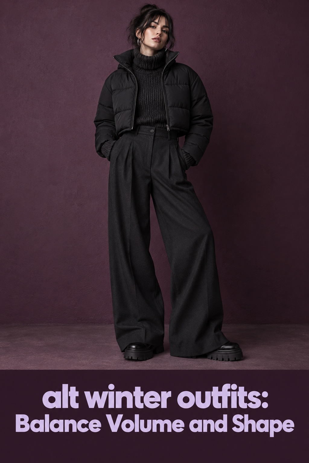 alt winter outfits cropped black insulated jacket over wide-leg trousers and knit