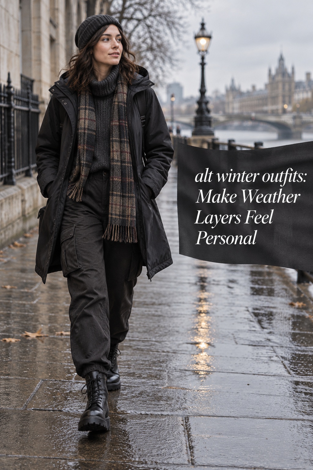 alt winter outfits dark parka, plaid scarf, cargo trousers, and lace-up boots
