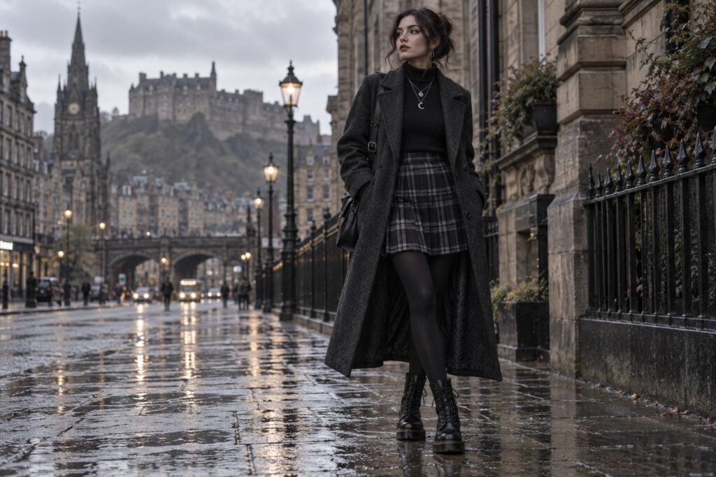 alt winter outfits with a charcoal long coat, plaid skirt, tights, and boots