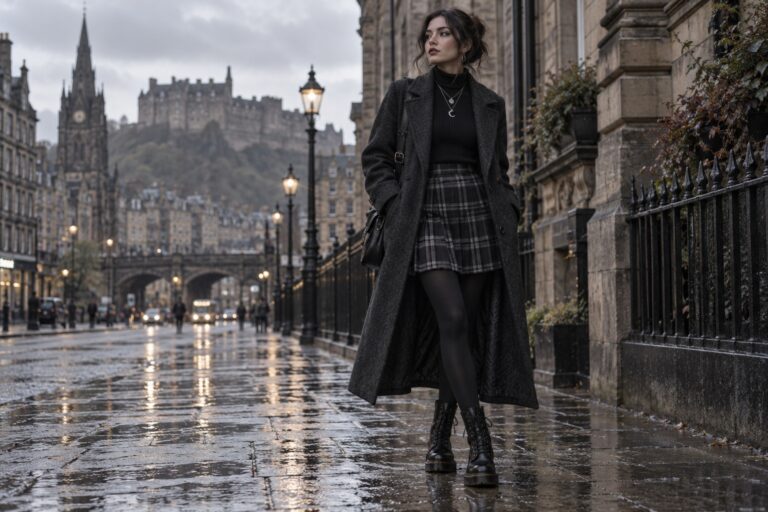 alt winter outfits with a charcoal long coat, plaid skirt, tights, and boots