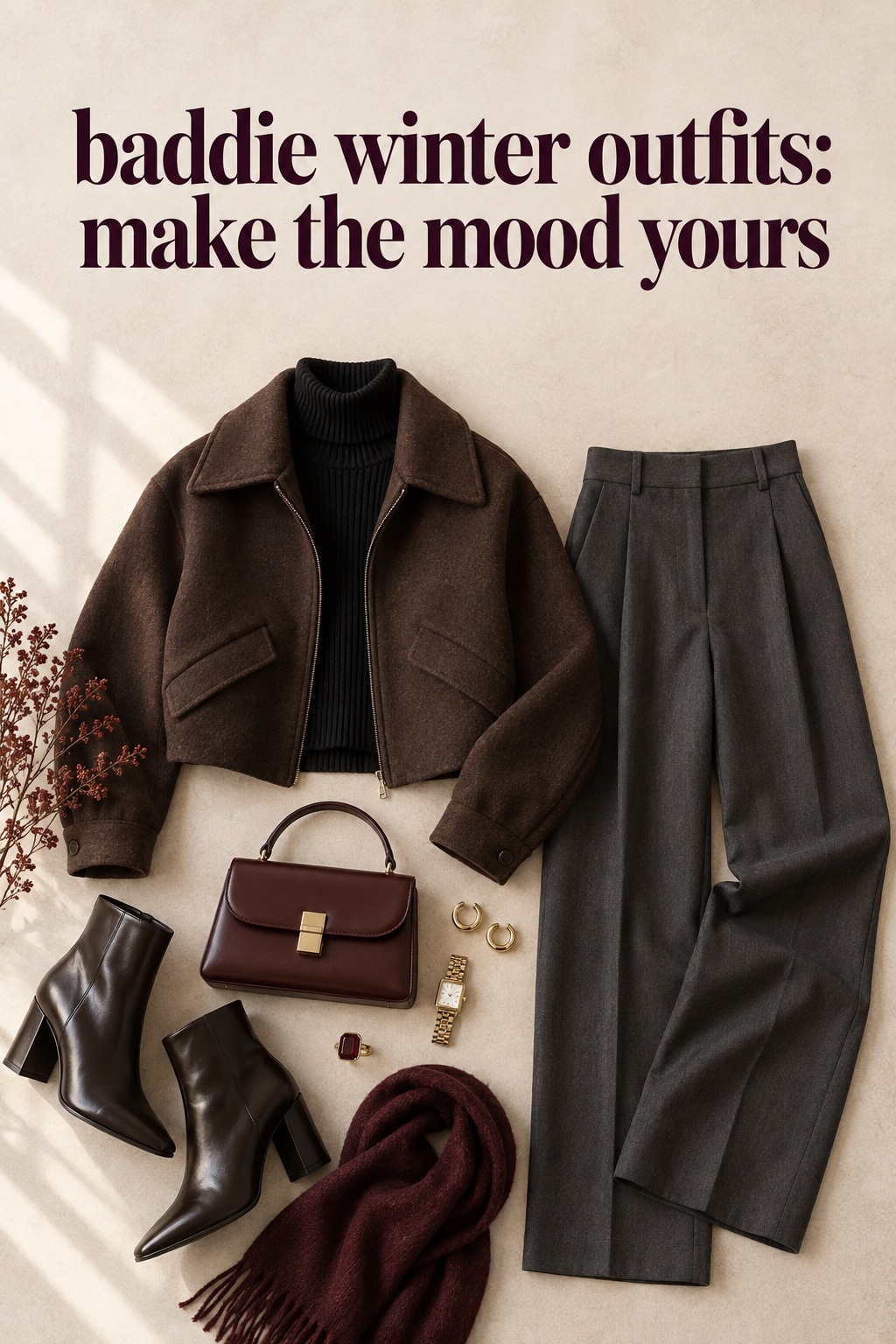 baddie winter outfits flatlay with an espresso jacket, charcoal trousers, boots, and cherry accents