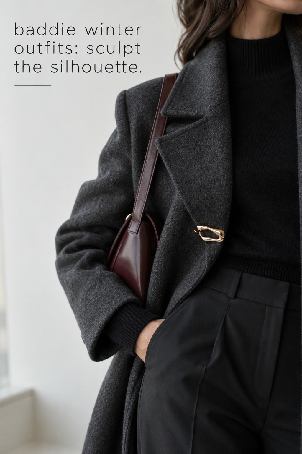 baddie winter outfits detail with a charcoal coat, black ribbed knit, gold clasp, and cherry bag