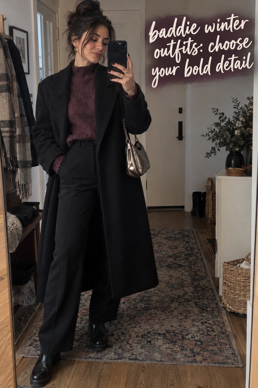 baddie winter outfits candid mirror look with a plum knit, long coat, trousers, and metallic bag