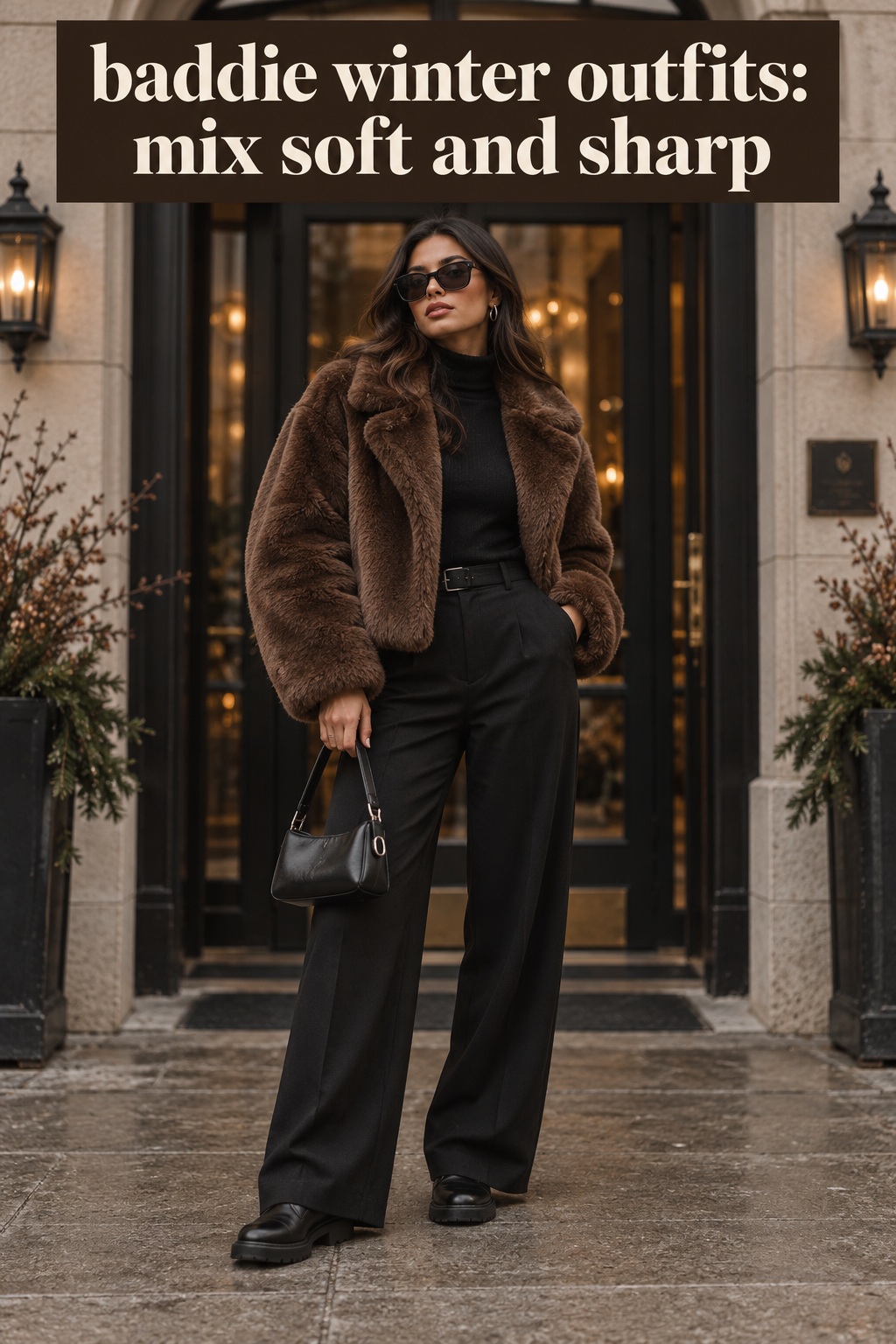baddie winter outfits look with a plush cocoa jacket, black outfit, and simple boots
