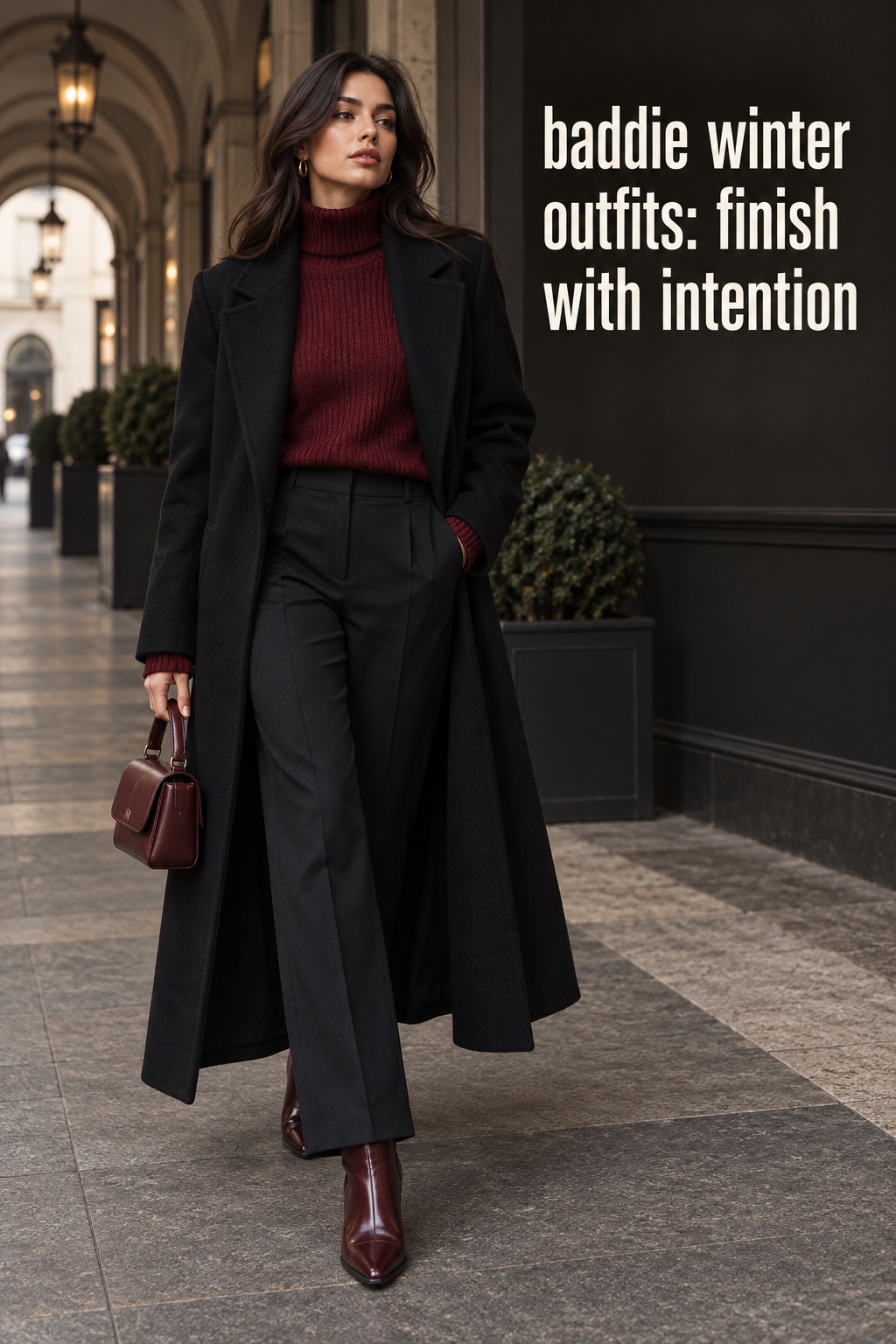 baddie winter outfits look with a cherry knit, long black coat, charcoal trousers, and matching bag