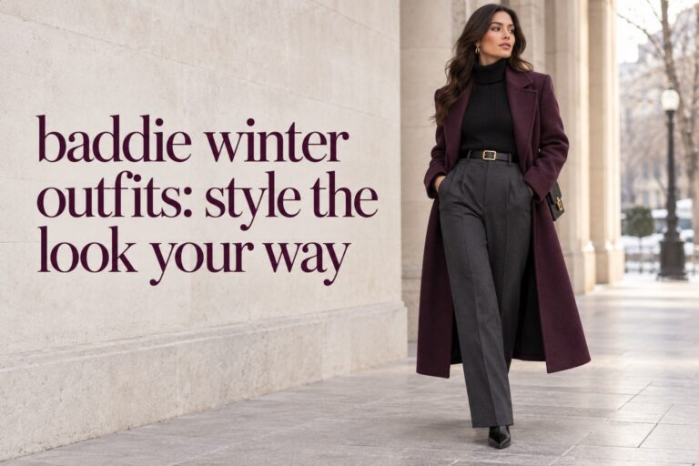 baddie winter outfits in a plum coat, black knit, charcoal trousers, and gold detail