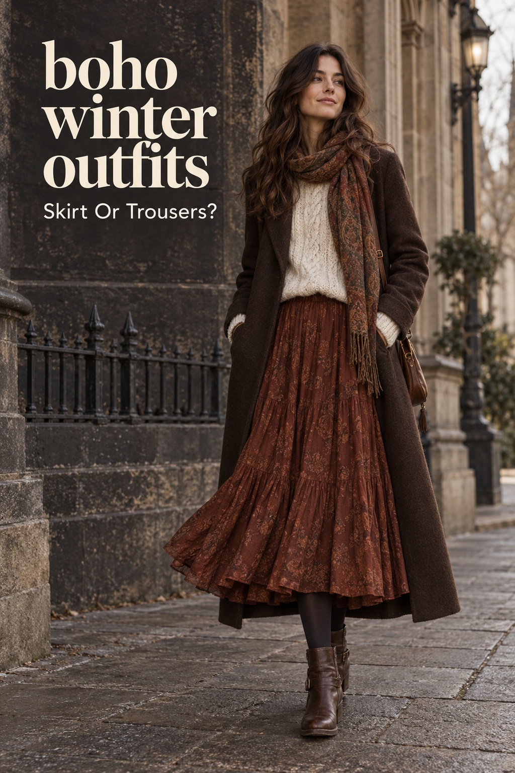 Boho winter outfits: rust midi skirt with knit, long coat, and boots