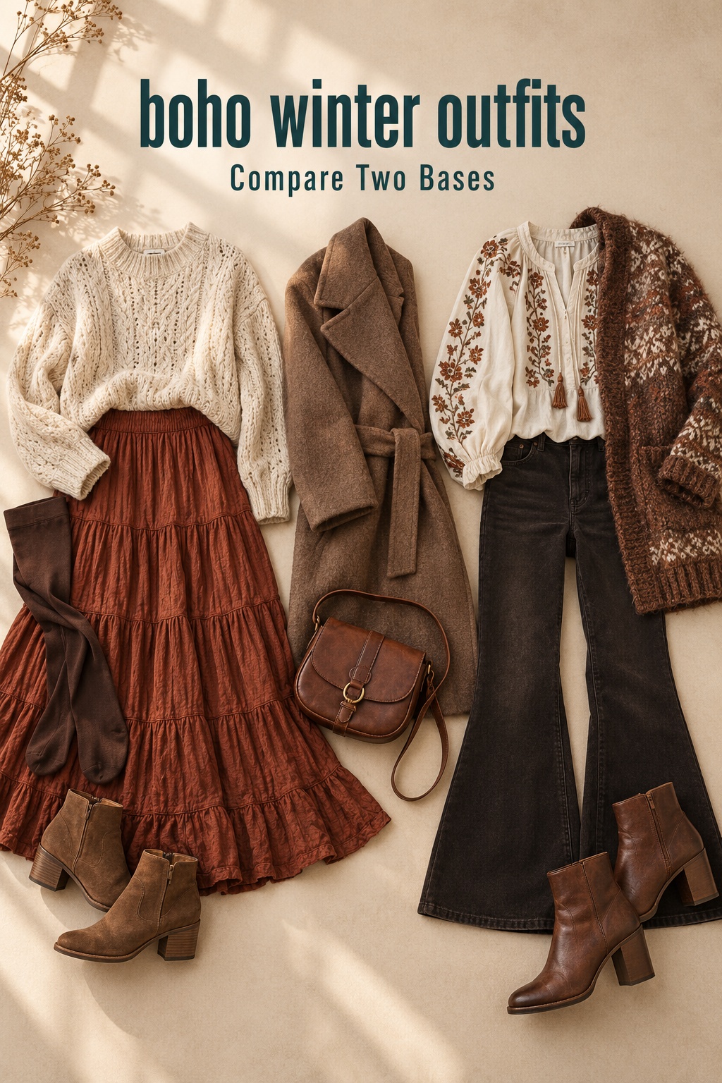 Boho winter outfits: flat lay comparing a skirt set with a trouser set