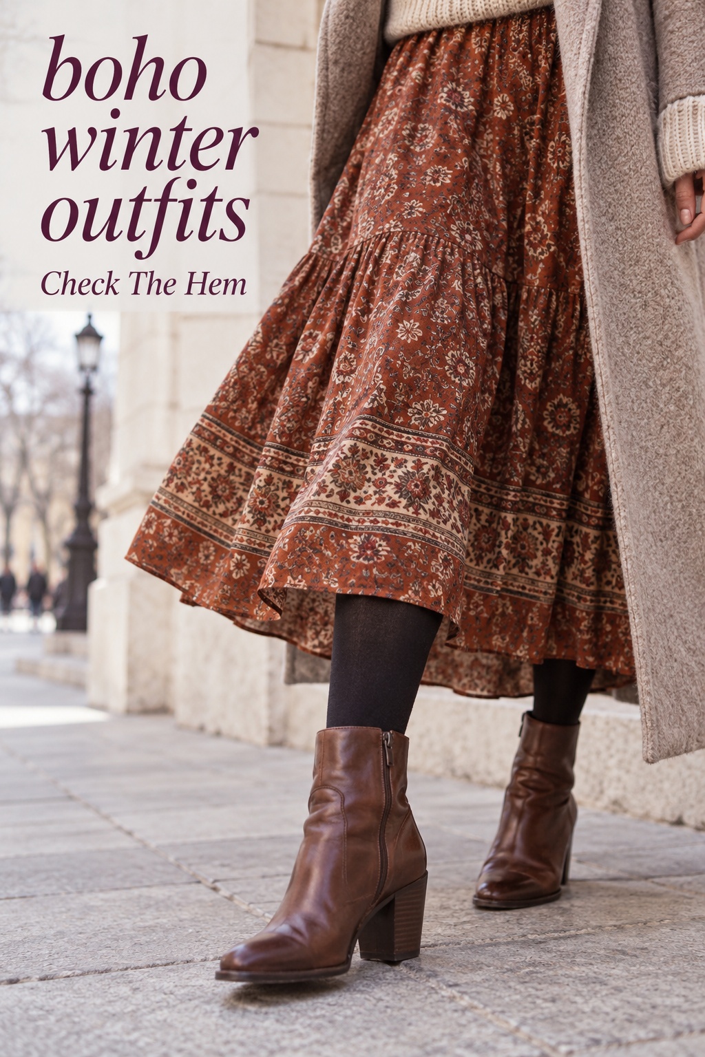 Boho winter outfits: close-up of patterned skirt hem, tights, and ankle boots