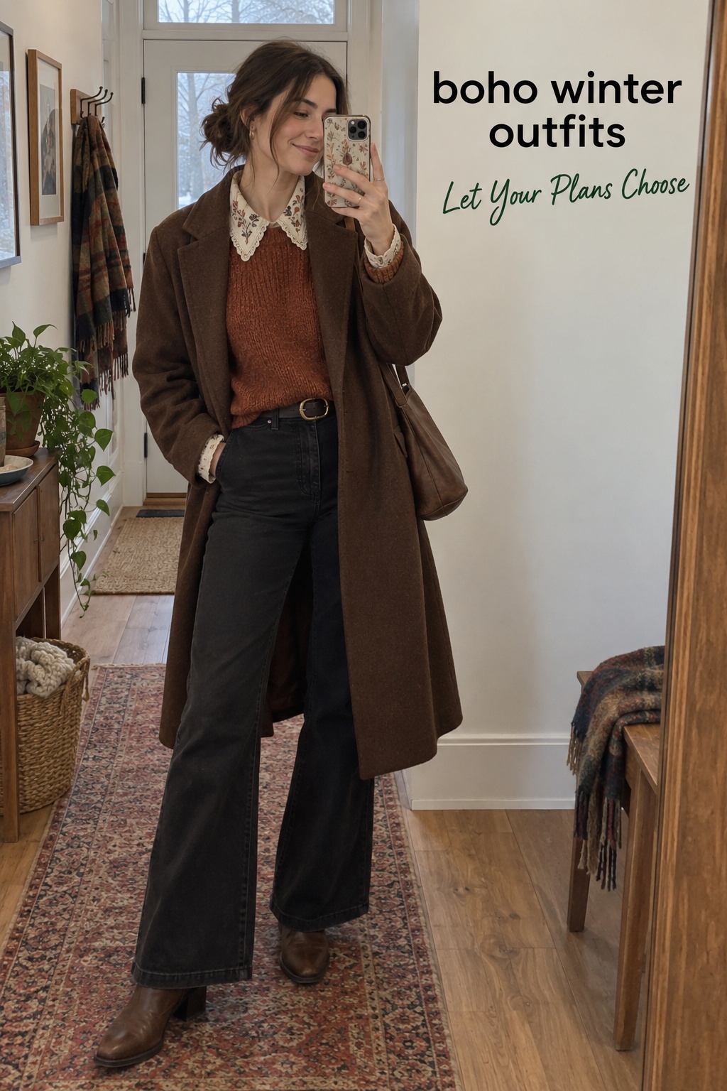 Boho winter outfits: illustrative mirror look with flared trousers and a rust knit