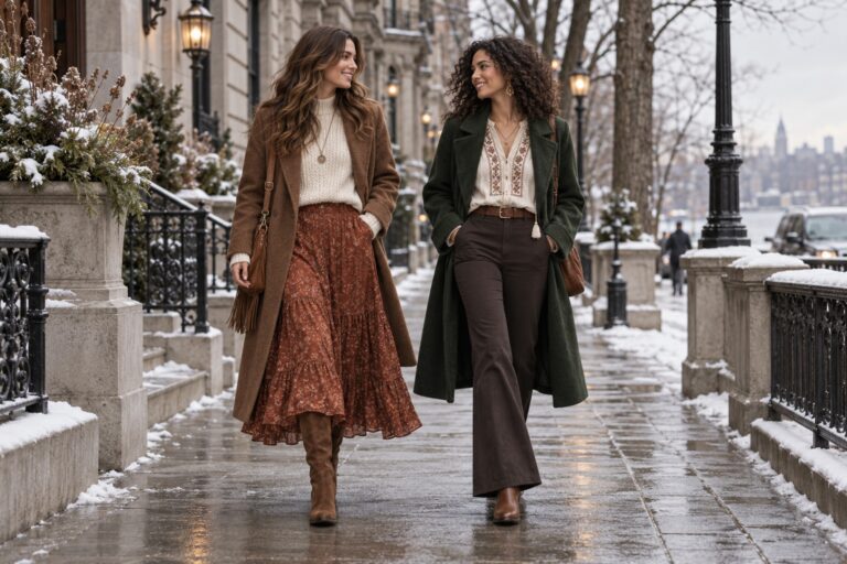 Boho winter outfits: two women in skirt-led and trouser-led earthy looks