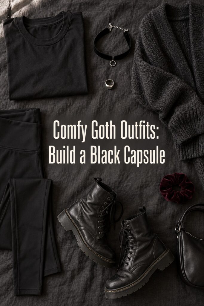 Comfy goth outfits capsule flatlay with a black tee, leggings, knit cardigan, choker, and combat boots.
