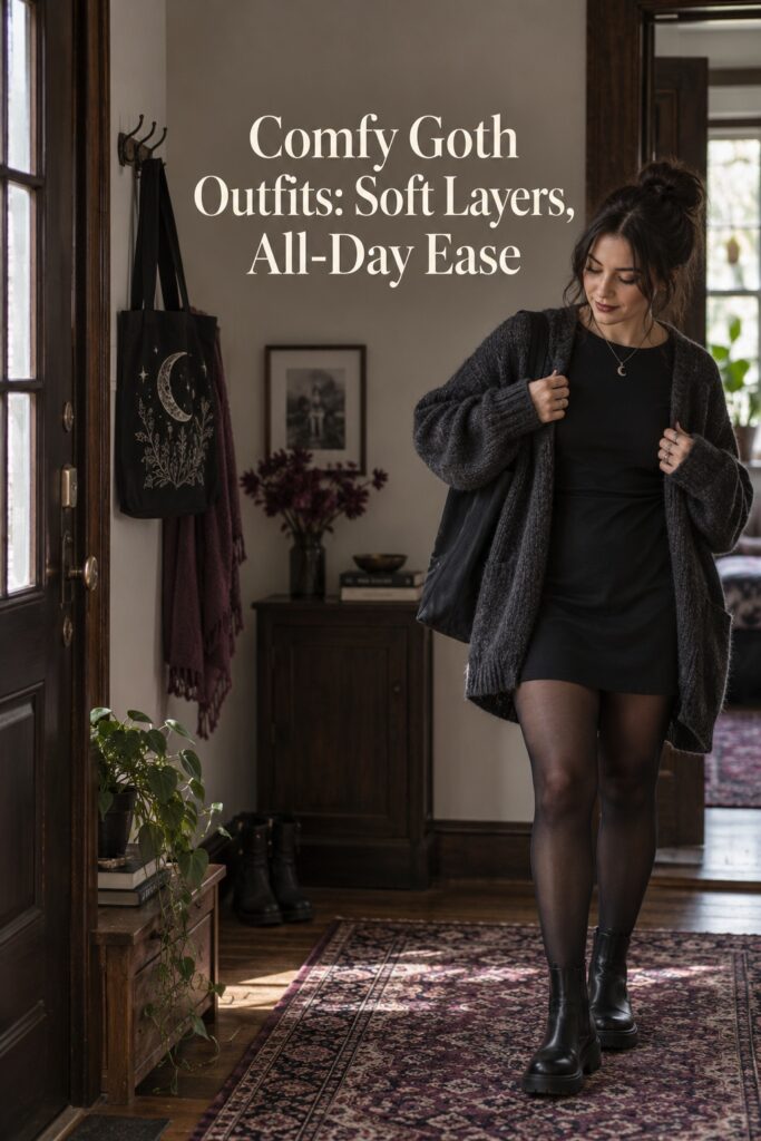 Comfy goth outfits with a black jersey dress, soft charcoal cardigan, tights, and ankle boots.