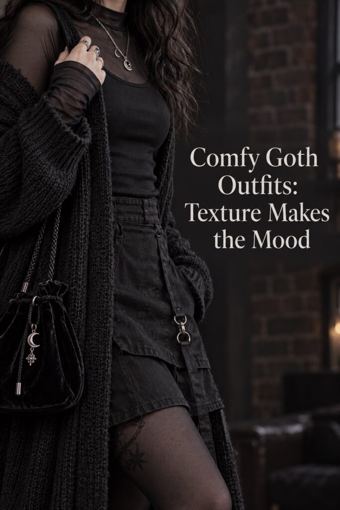 Comfy goth outfits detail close-up showing layered mesh, jersey, knit, silver jewelry, and a velvet bag.