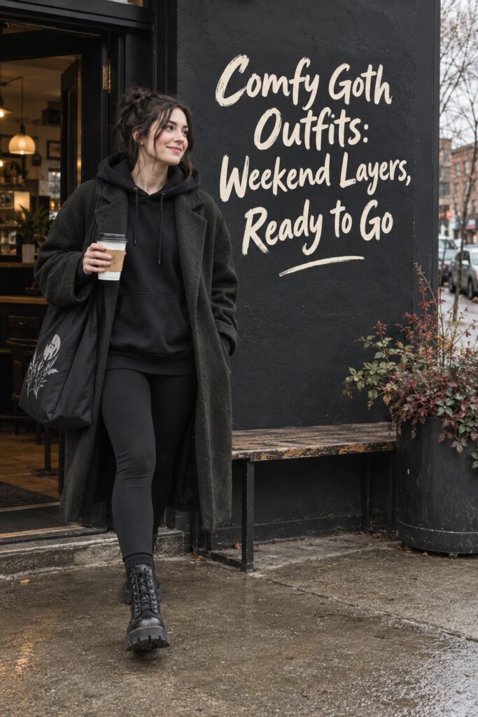 Comfy goth outfits weekend look with hoodie, soft coat, leggings, combat boots, and tote outside a cafe.