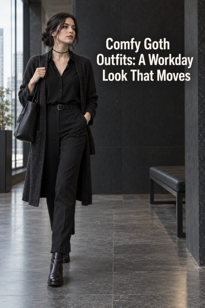 Comfy goth outfits workday look with tailored trousers, black blouse, long cardigan, tote, and ankle boots.