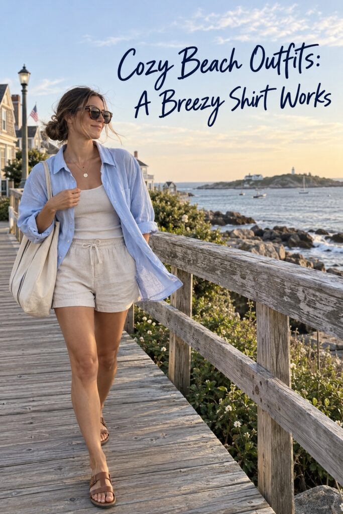 Cozy beach outfits candid look with an oversized pale blue shirt, neutral top, linen shorts, tote, and flat sandals.