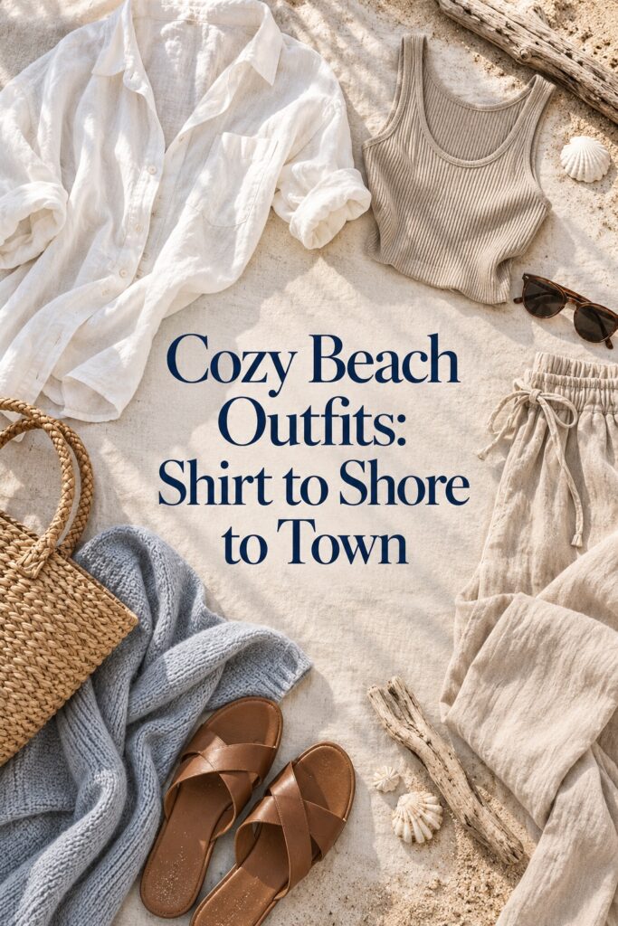 Cozy beach outfits capsule flatlay with an oversized cotton shirt, neutral tank, knit, beach pants, sandals, and tote.