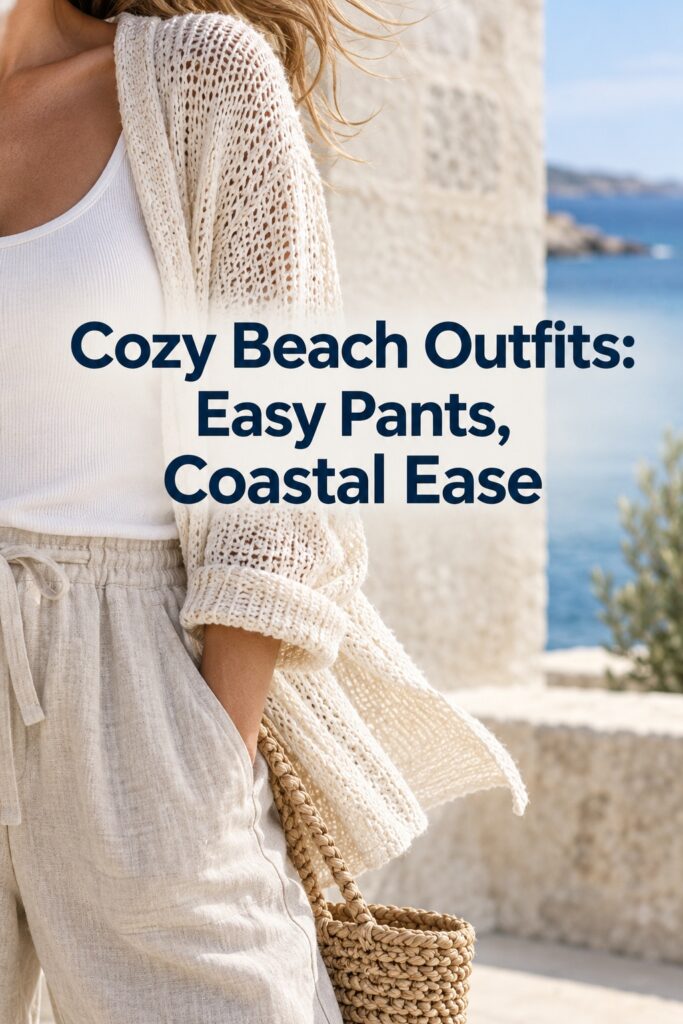 Cozy beach outfits close-up showing a cream knit, simple tank, linen trousers, and woven bag by the water.