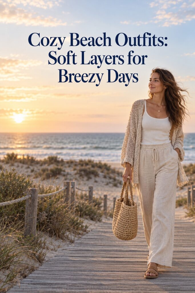 Cozy beach outfits with an open-knit cardigan, ivory tank, relaxed linen trousers, sandals, and a woven tote.