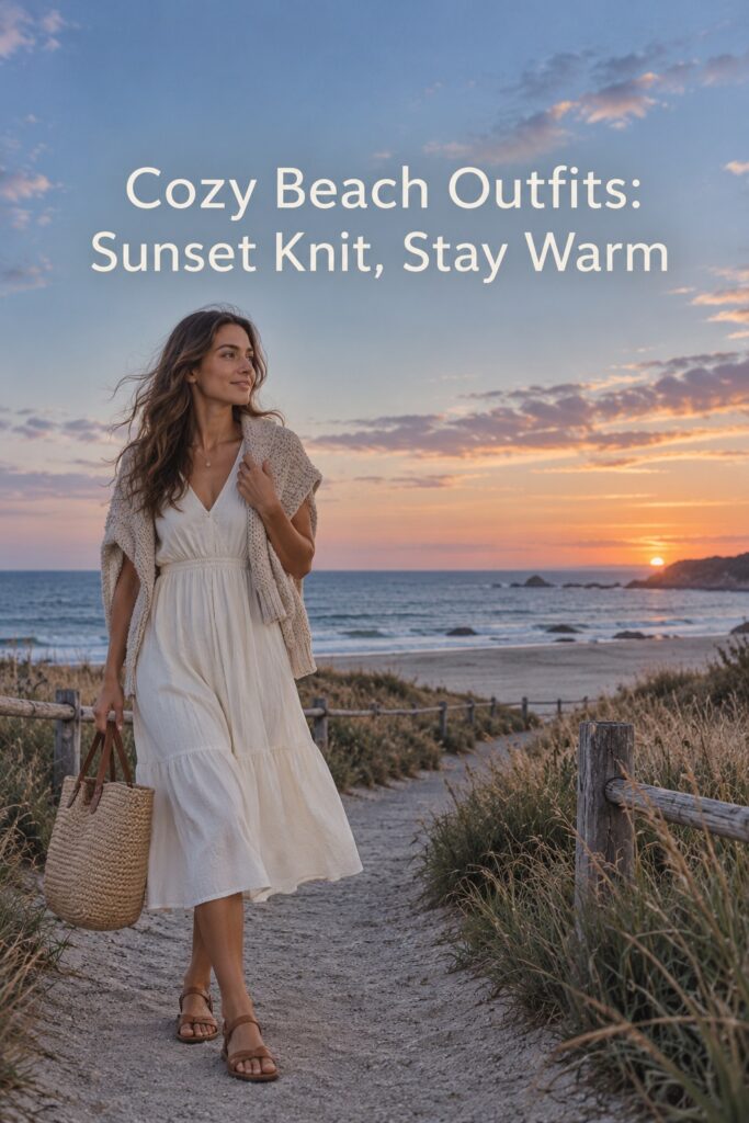 Cozy beach outfits sunset look with an ivory midi dress, light knit over the shoulders, sandals, and woven bag.