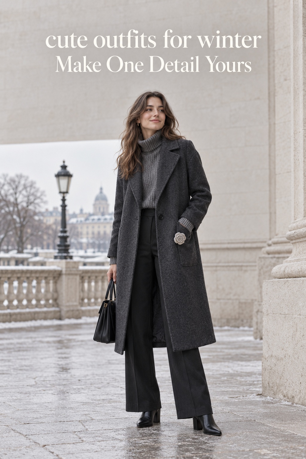 Cute outfits for winter: charcoal coat with a sculptural white rosette