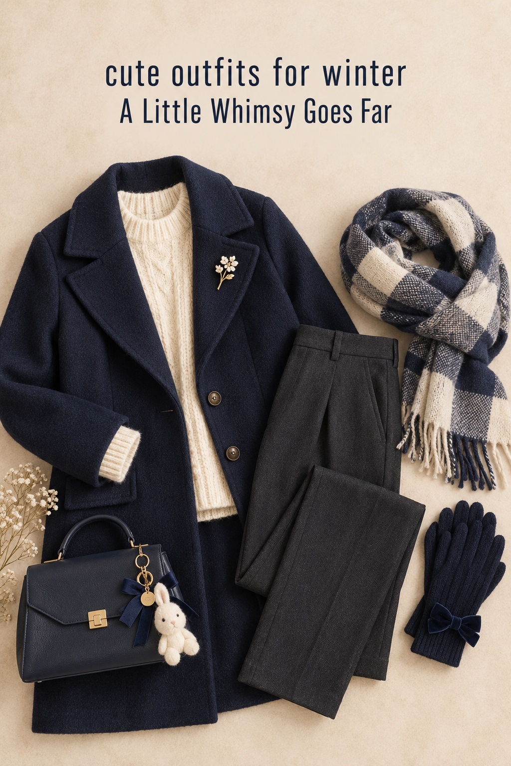 Cute outfits for winter: flat lay of a coat, scarf, brooch, and bag charm