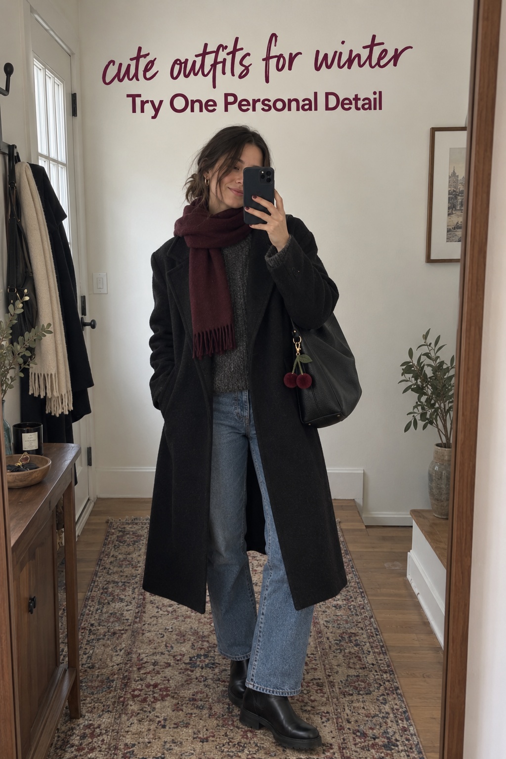 Cute outfits for winter: illustrative mirror look with a berry bag charm