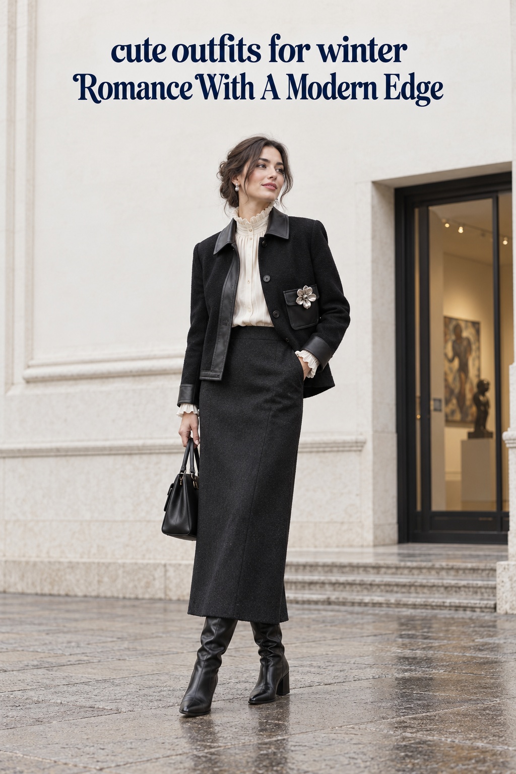 Cute outfits for winter: tailored jacket and ruffle blouse with one brooch