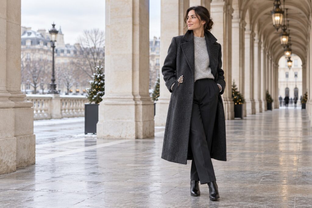 Cute outfits for winter: charcoal coat and floral pin in a city arcade
