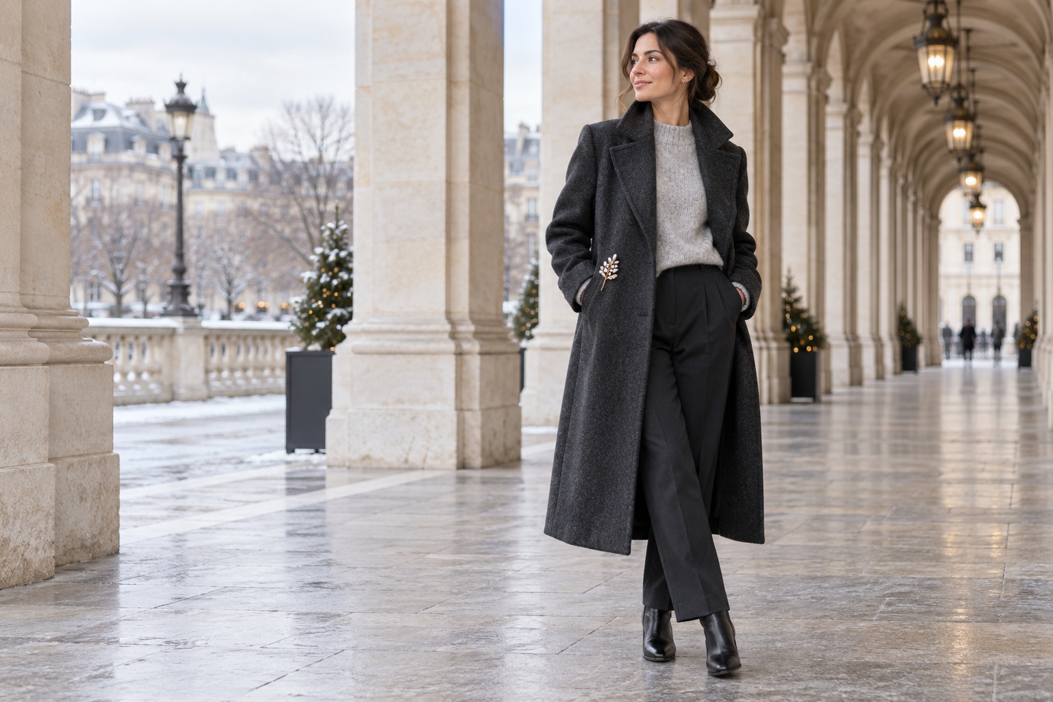 Cute outfits for winter: charcoal coat and floral pin in a city arcade