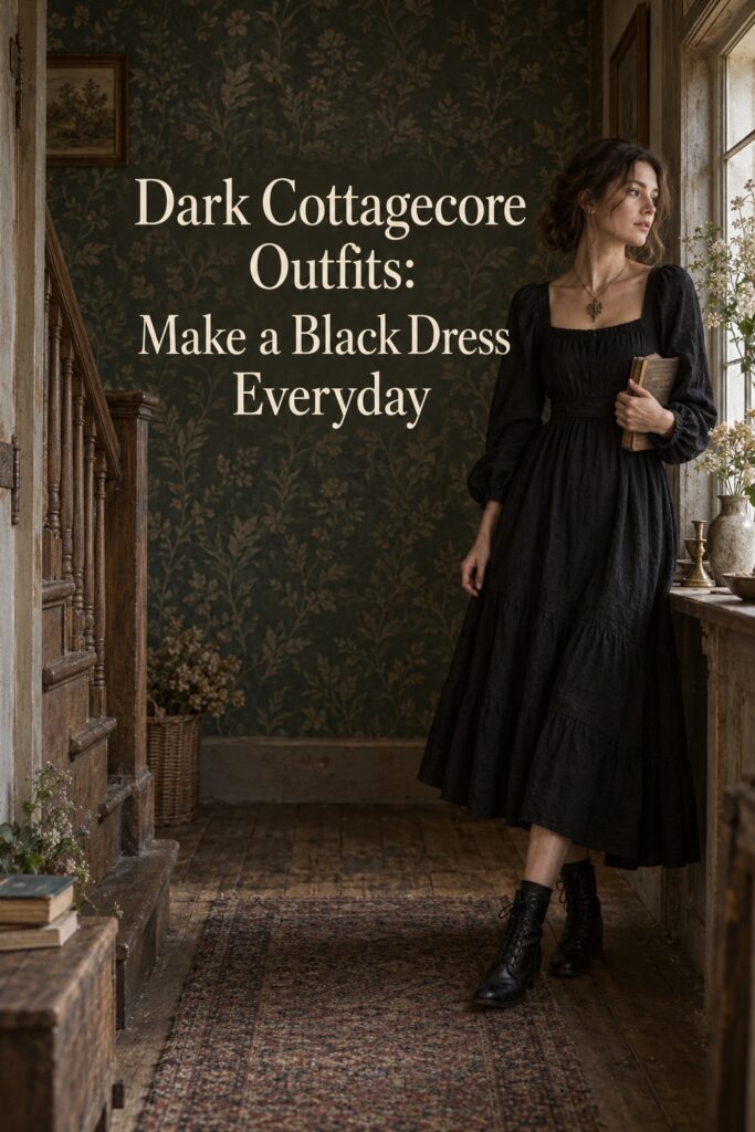 Dark cottagecore outfits with a flowing black midi dress, lace-up boots, and botanical pendant in a cottage hallway.