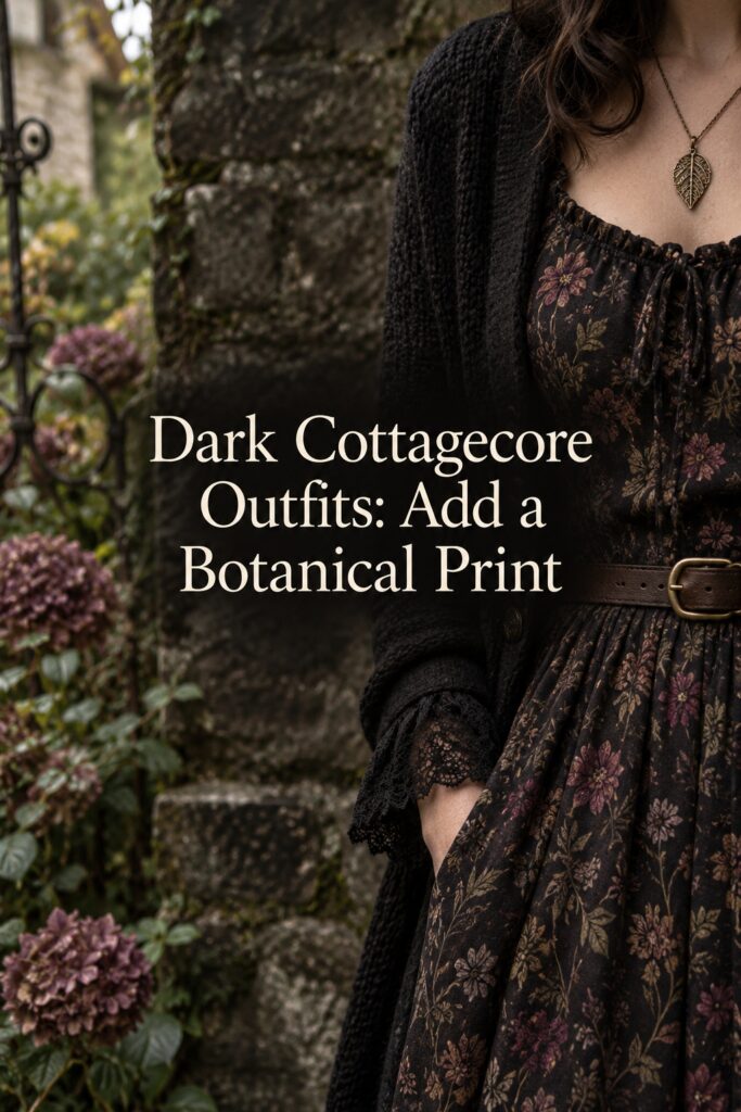 Dark cottagecore outfits close-up with a muted botanical dress, black cardigan, lace cuff, brown belt, and leaf pendant.