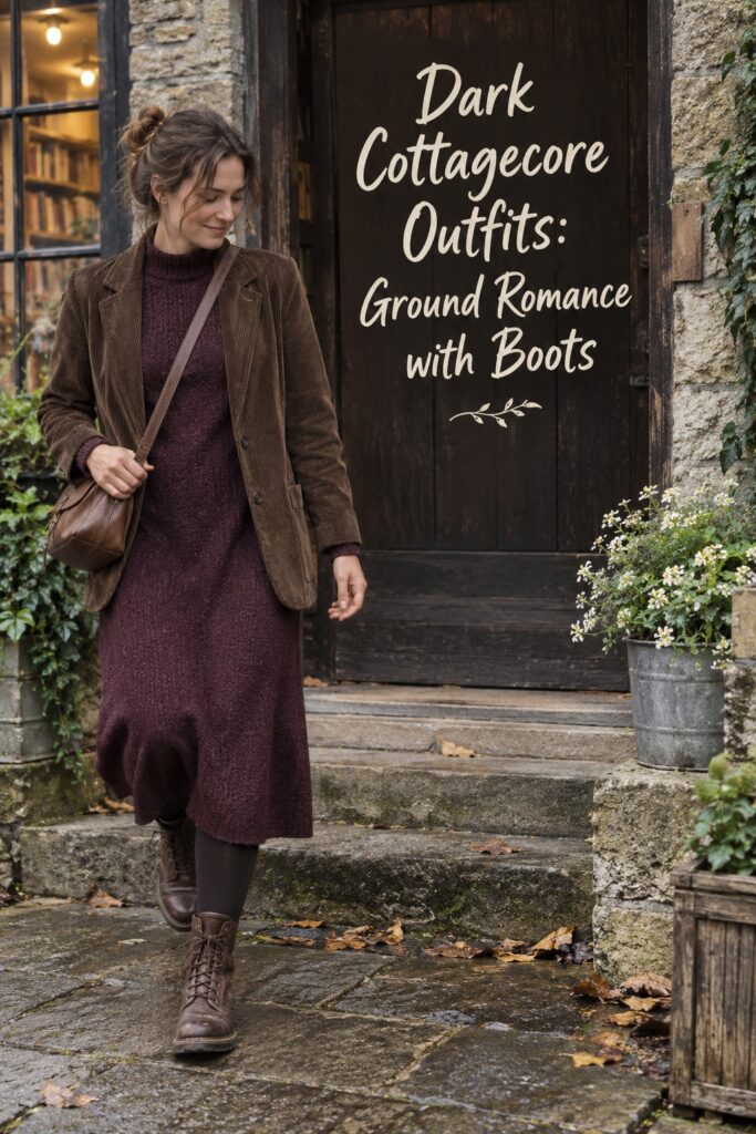 Dark cottagecore outfits candid look with a plum sweater dress, brown corduroy blazer, lace-up boots, and crossbody bag.