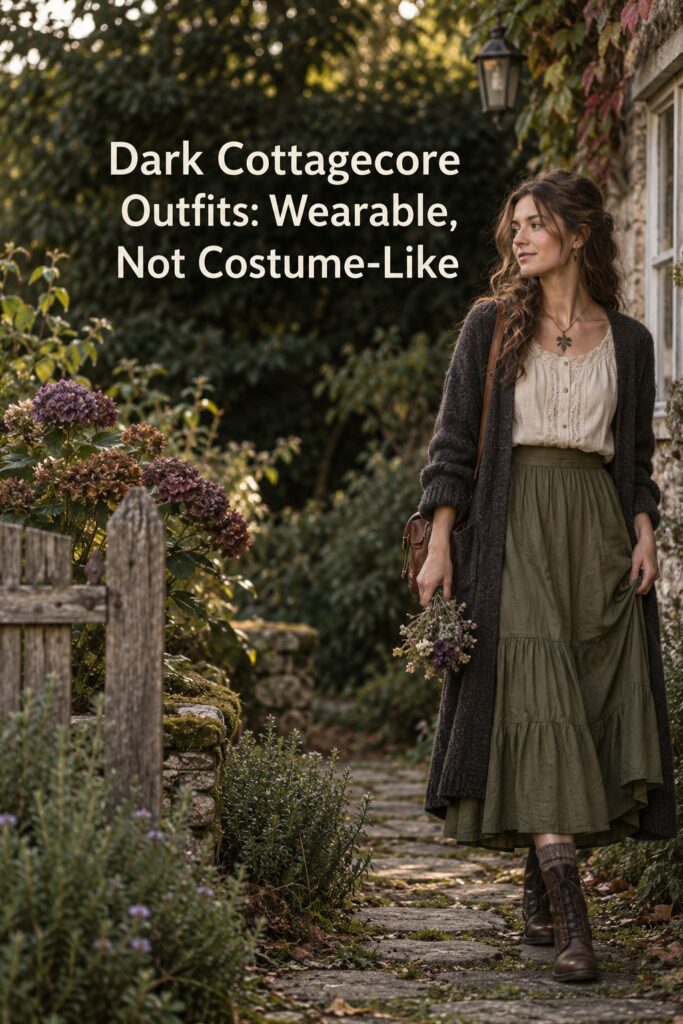 Dark cottagecore outfits with an olive midi skirt, cream blouse, charcoal cardigan, and comfortable lace-up boots.