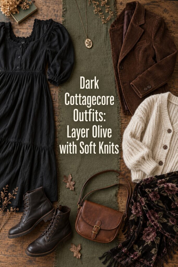 Dark cottagecore outfits flatlay with black dress, olive fabric, corduroy blazer, cream knit, boots, and botanical jewelry.