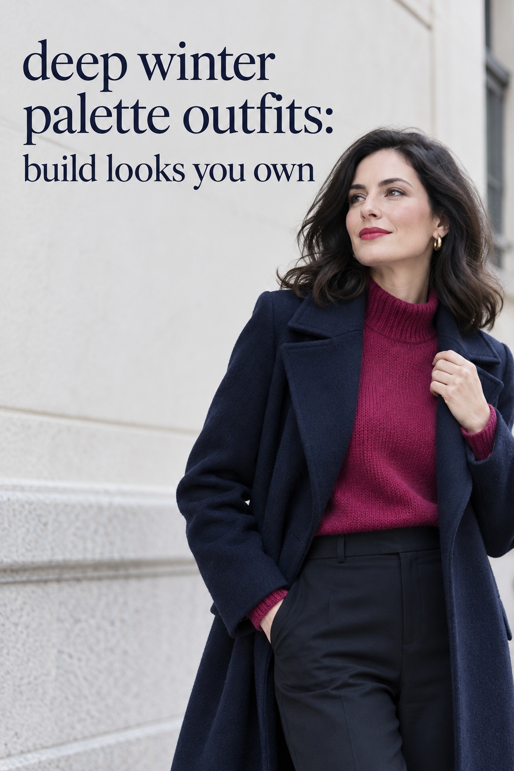 Deep winter palette outfits in a navy coat, berry sweater, and charcoal trousers