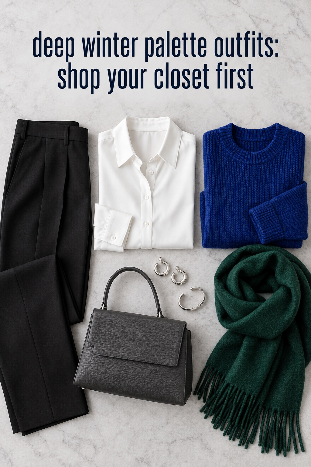 Deep winter palette outfits flatlay with black trousers, white blouse, cobalt knit, and emerald scarf