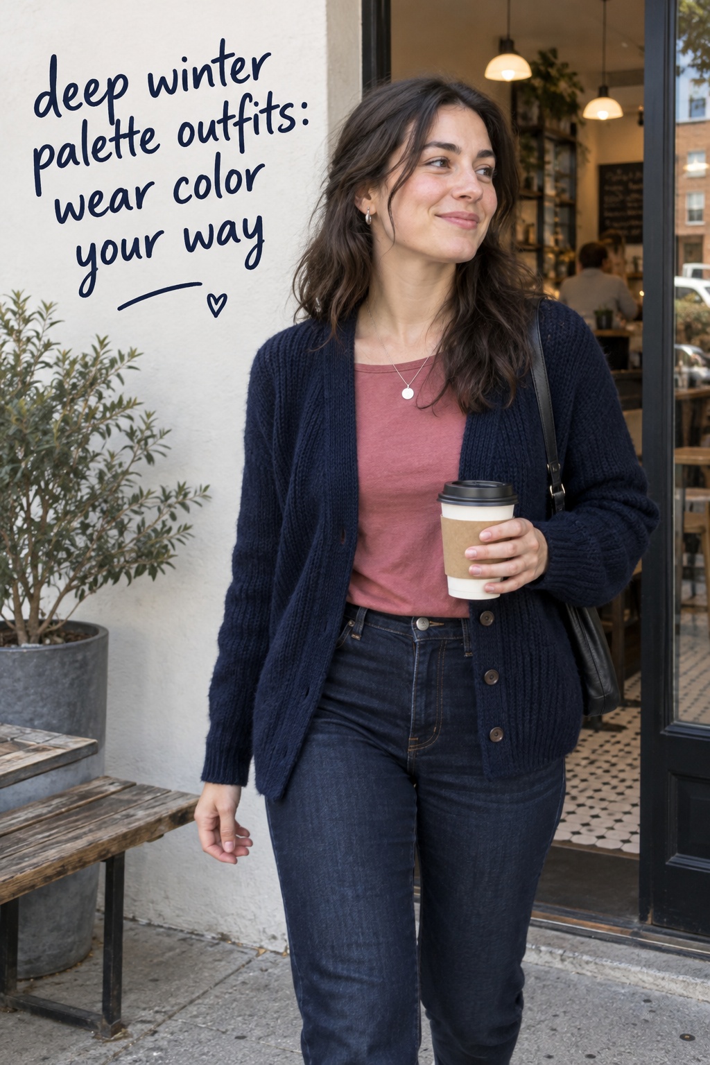 Deep winter palette outfits shown in an illustrative everyday navy cardigan and muted rose look