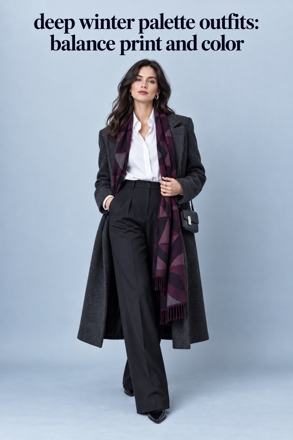 Deep winter palette outfits with a plum geometric scarf, charcoal coat, crisp white shirt, and black trousers