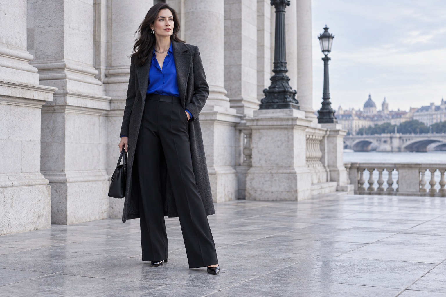 Deep winter palette outfits with a cobalt blouse, charcoal coat, and black trousers
