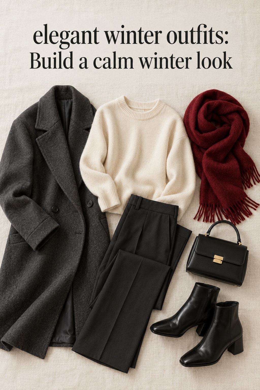 elegant winter outfits flatlay with charcoal coat, cream knit, dark trousers, and boots