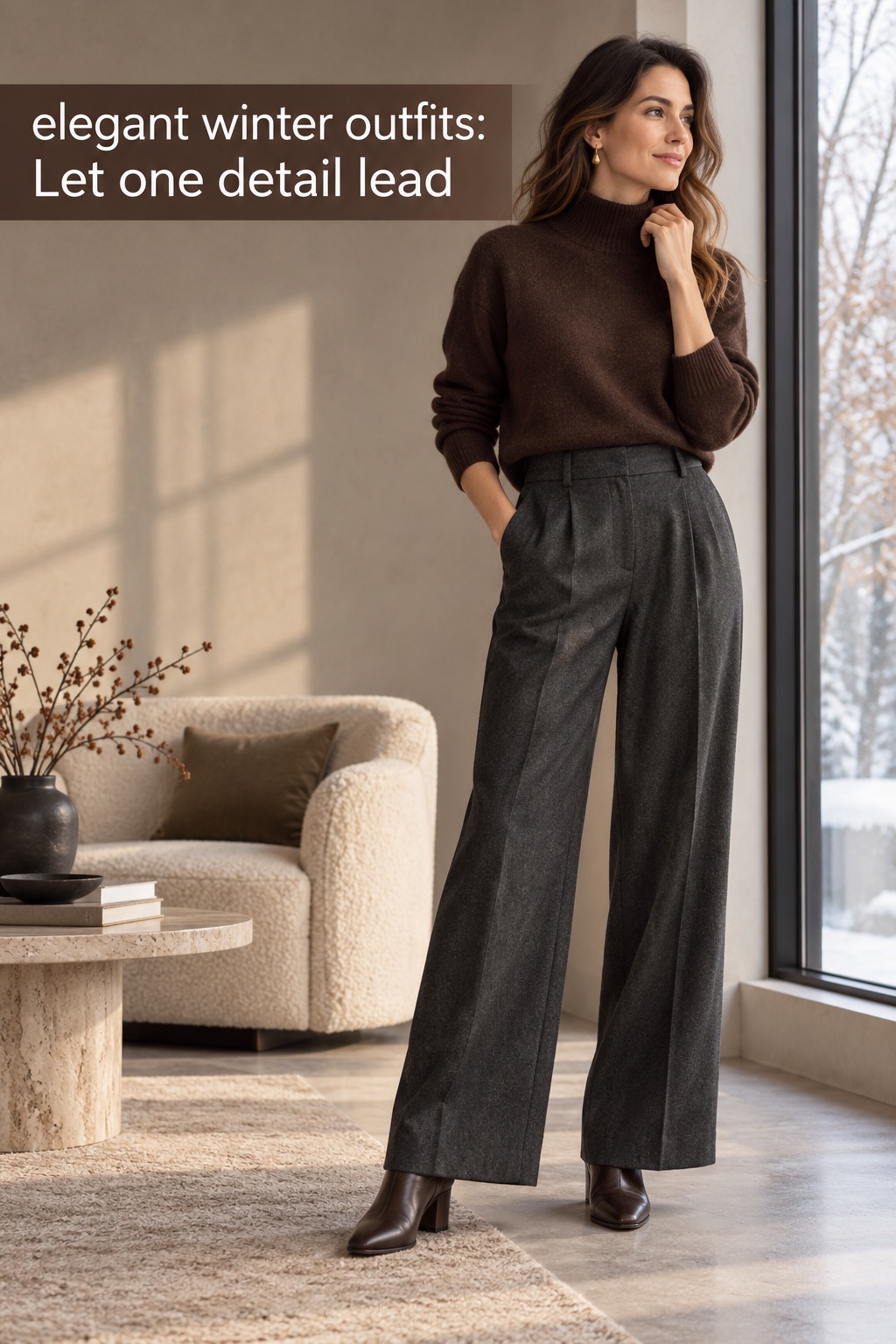 elegant winter outfits detail with camel coat, espresso scarf knit, and tailored trousers
