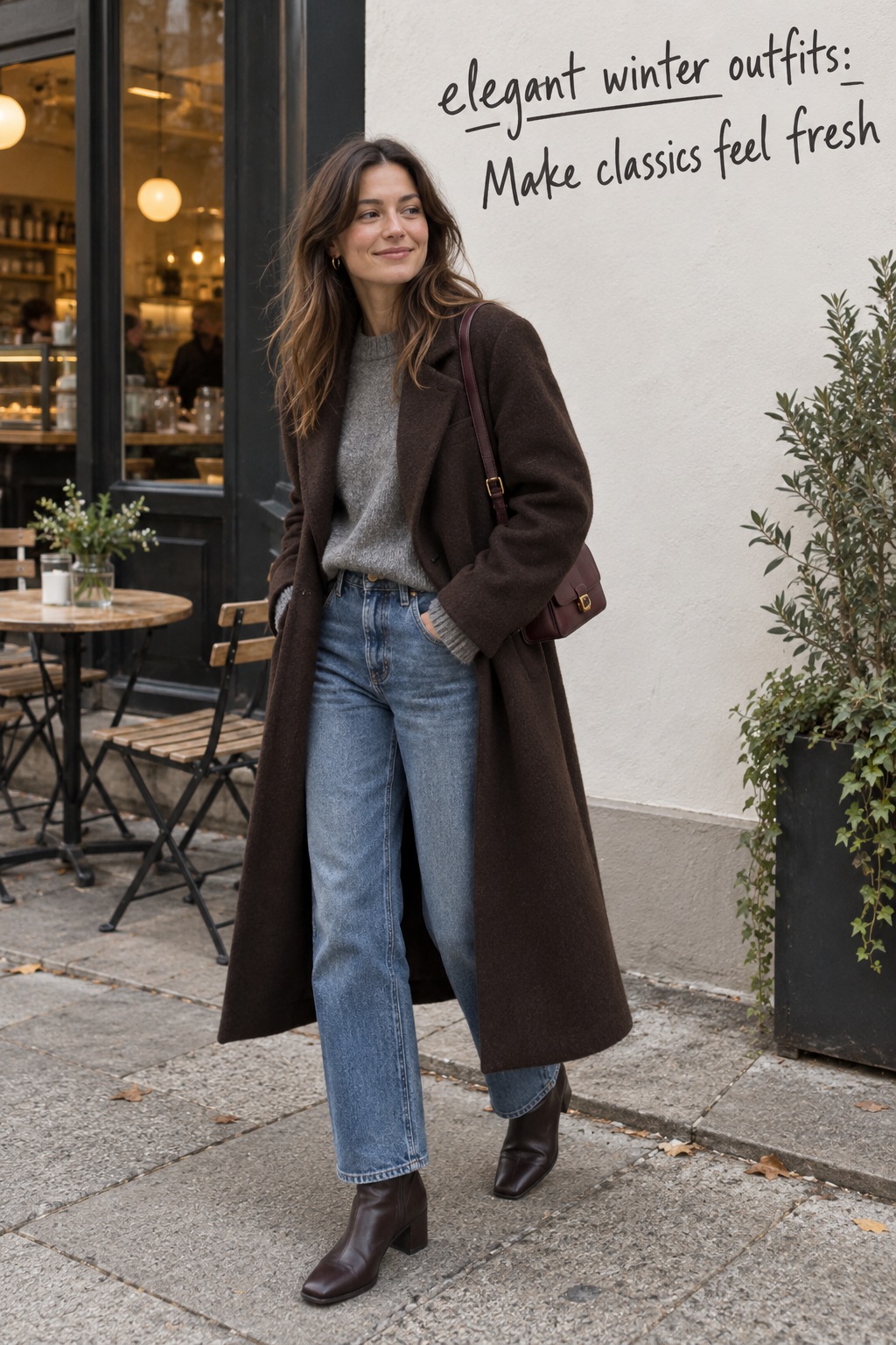 elegant winter outfits candid cafe look with brown coat, grey knit, jeans, and boots