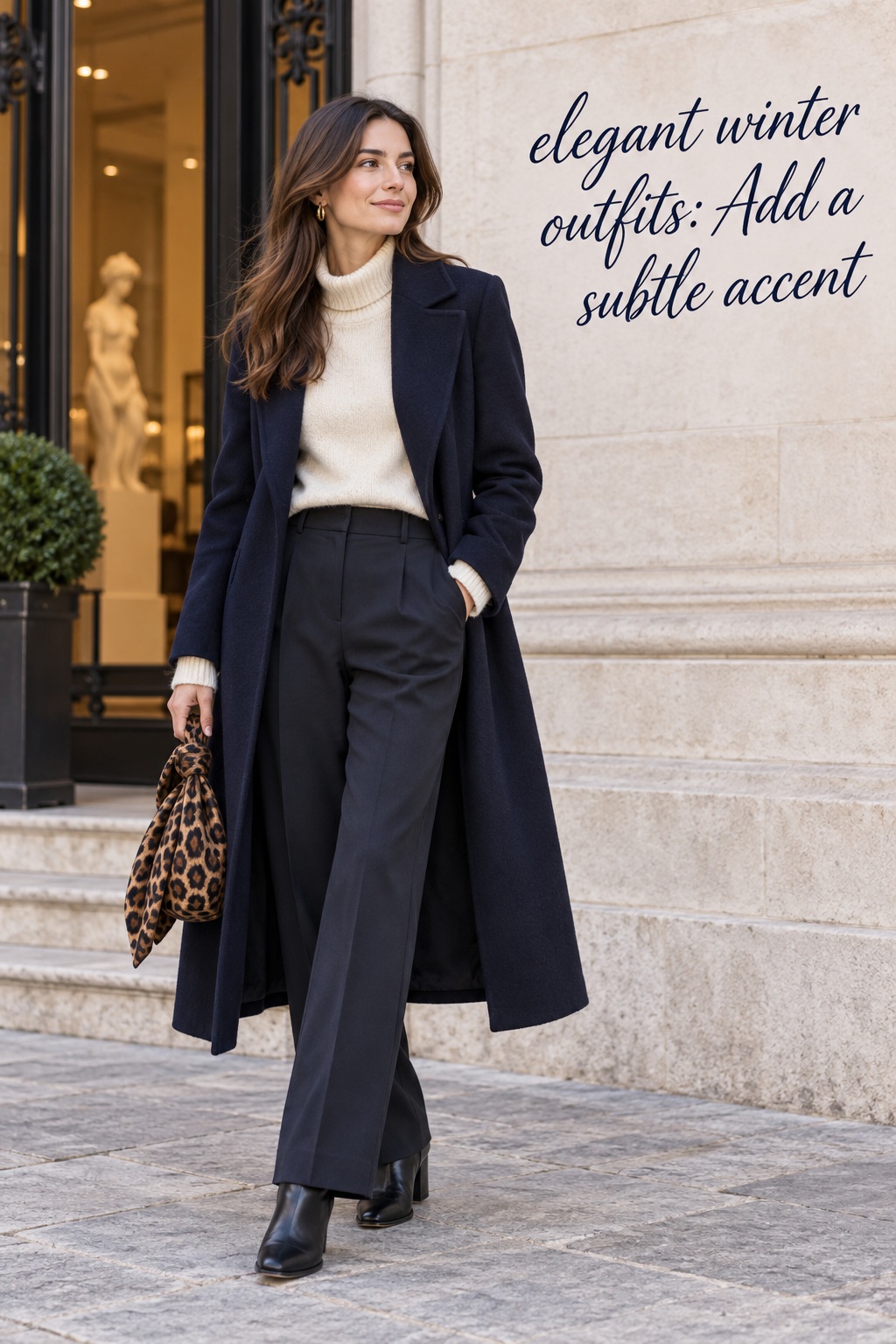 elegant winter outfits with espresso knit, charcoal wide-leg trousers, and ankle boots