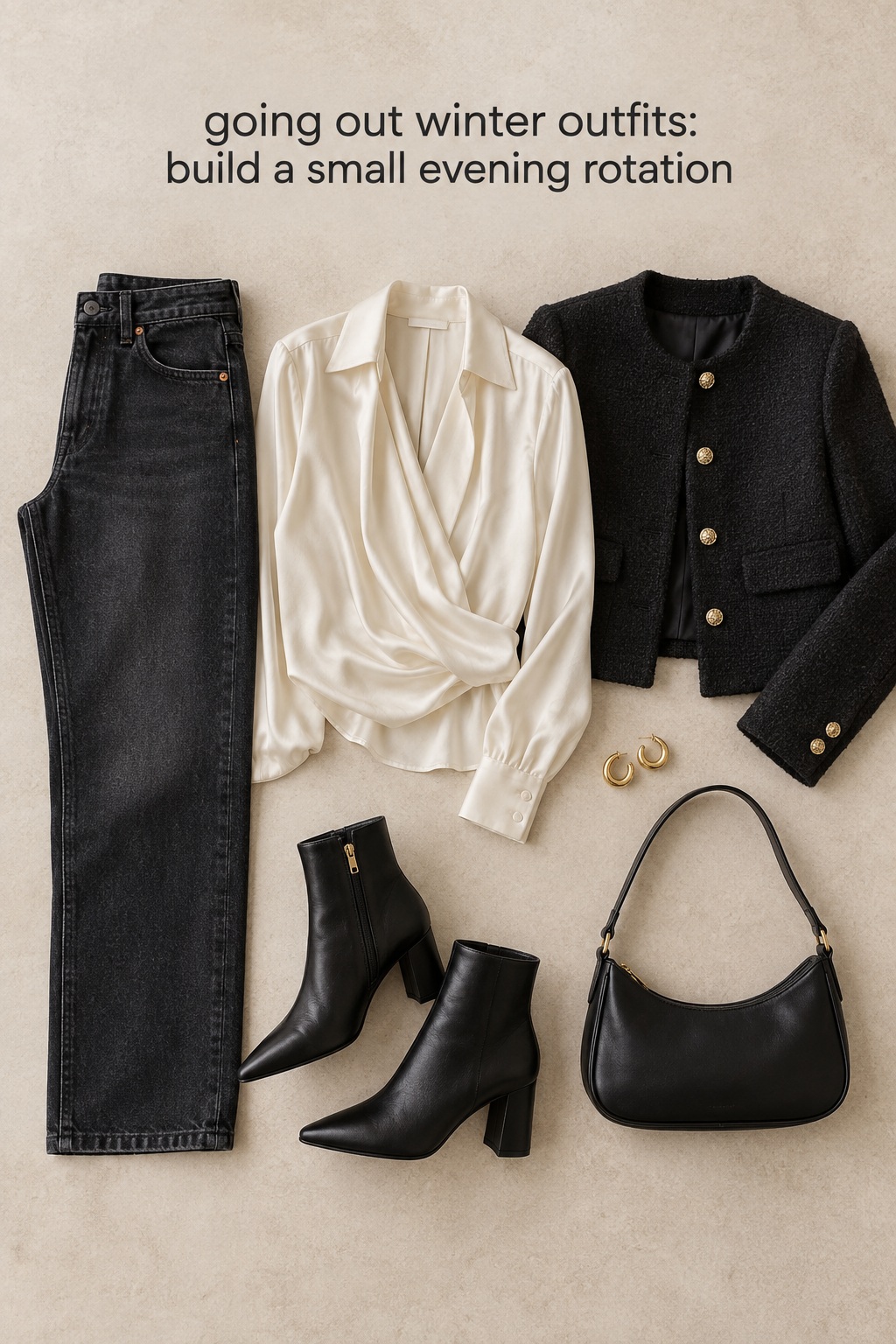 going out winter outfits capsule flatlay with denim, blouse, jacket and boots