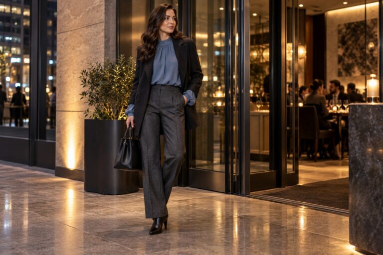A polished winter going-out outfit with tailored trousers and a muted-blue blouse