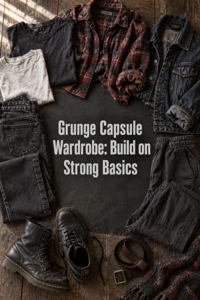 Grunge capsule wardrobe basics flat lay with flannel, dark denim, tees, and boots